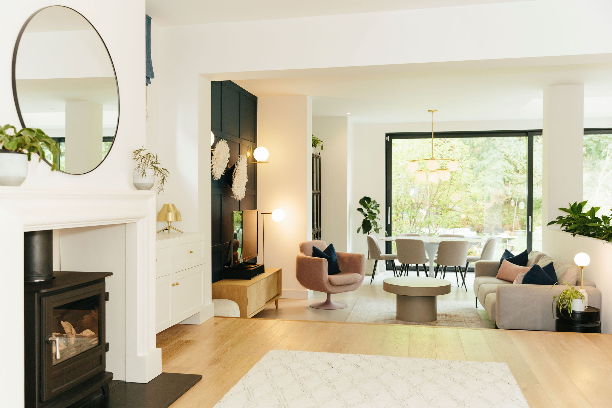 contemporary living room design with open plan space and neutral colours
